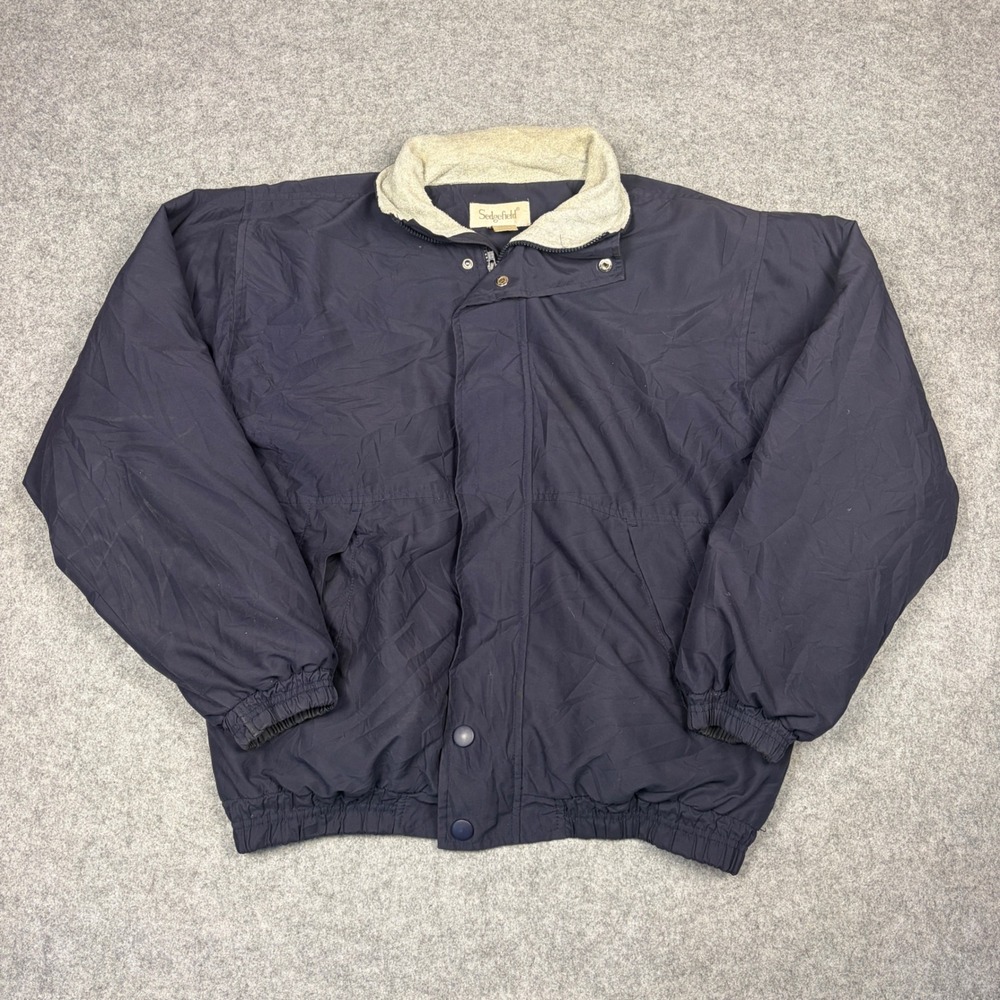 Vintage Sedgefield Mens Bomber Jacket Navy Blue Fleece Lined Large Full Zip Snap